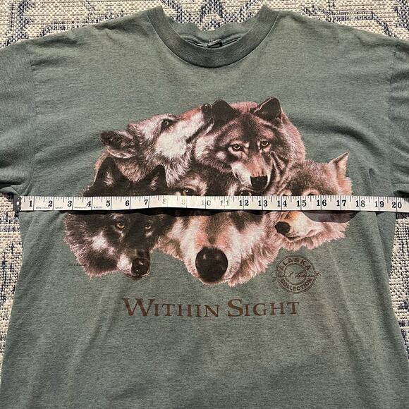 VTG 90's Wolf "Within Sight" Green Comedy Alpha Wolf Pack T Shirt L 20 x 28 - Picture 6 of 6